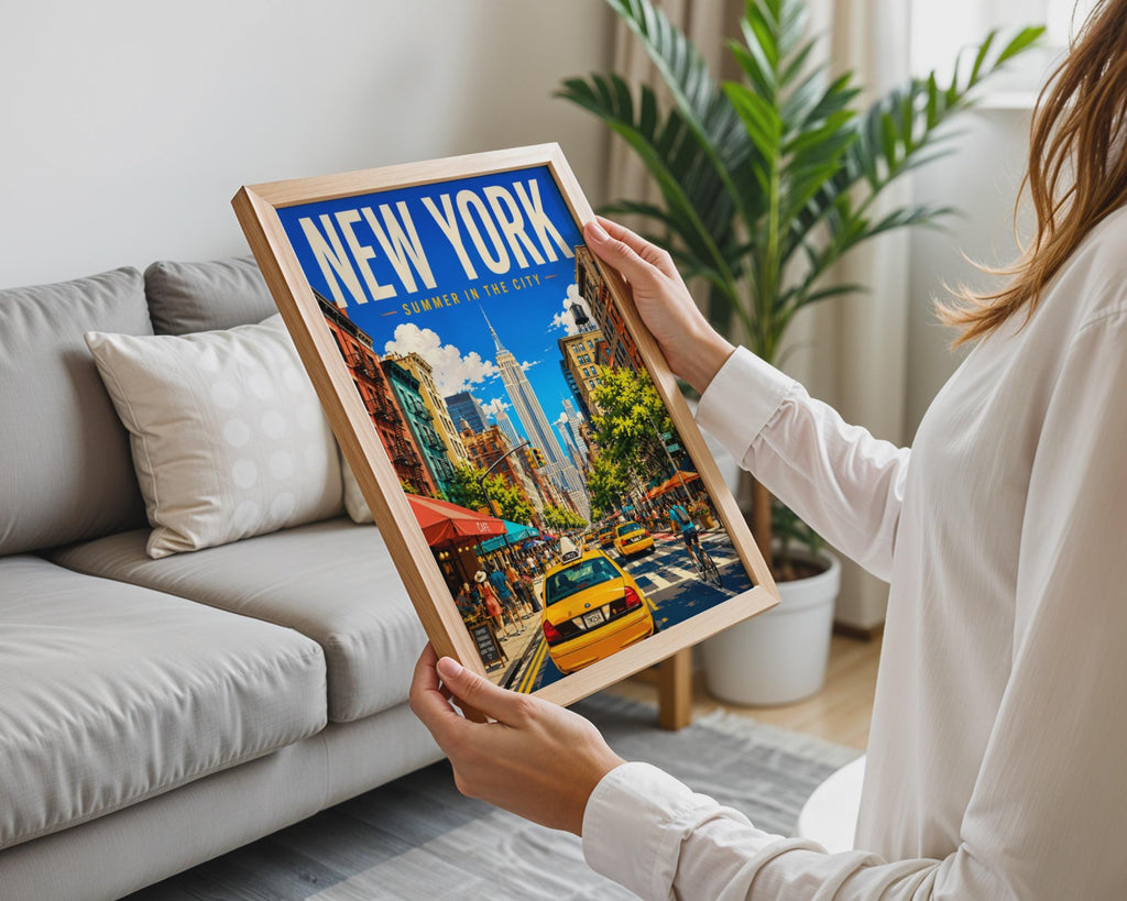 New York Summer City Poster, Yellow Taxis, Empire State Building (Print)