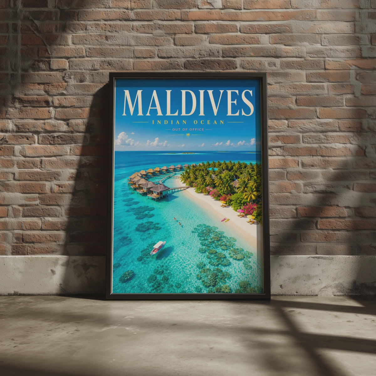 Maldives Travel Poster, Indian Ocean Tropical Island Print, Overwater Bungalow Decor