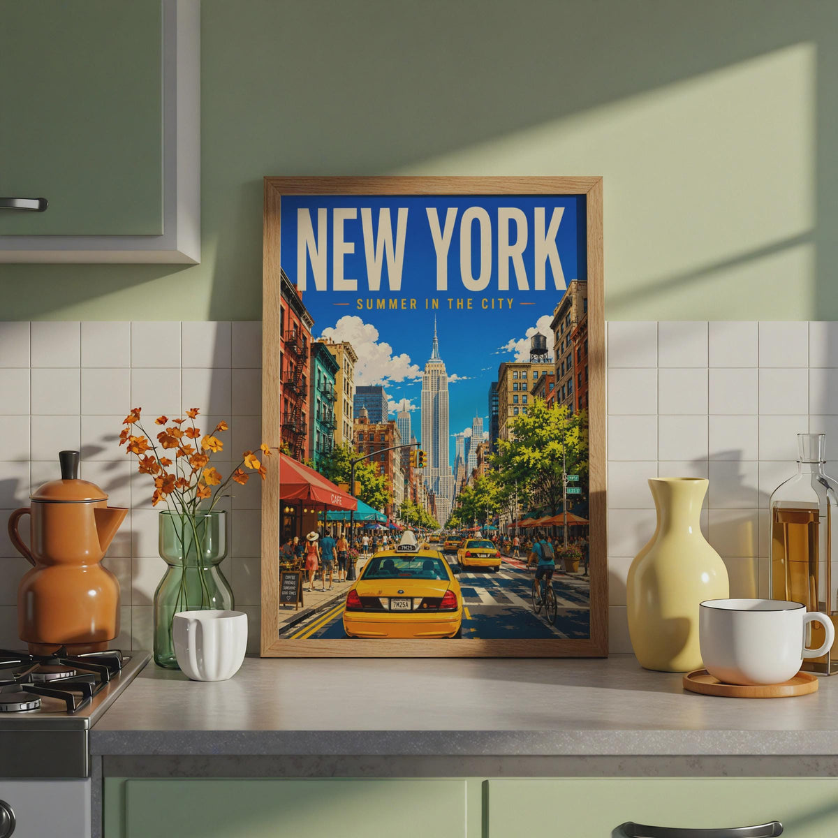 New York Summer City Poster, Yellow Taxis, Empire State Building (Print)