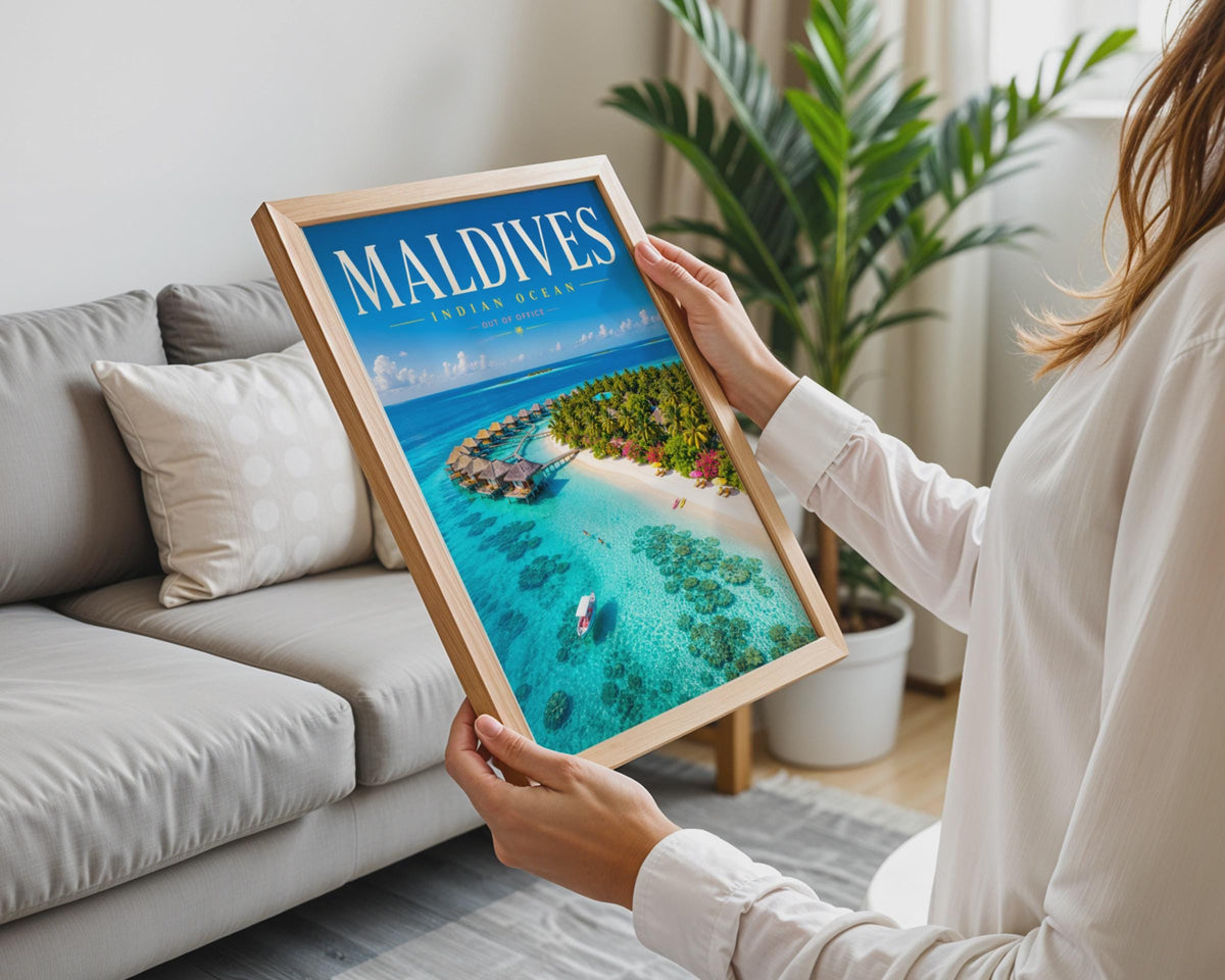 Maldives Travel Poster, Indian Ocean Tropical Island Print, Overwater Bungalow Decor