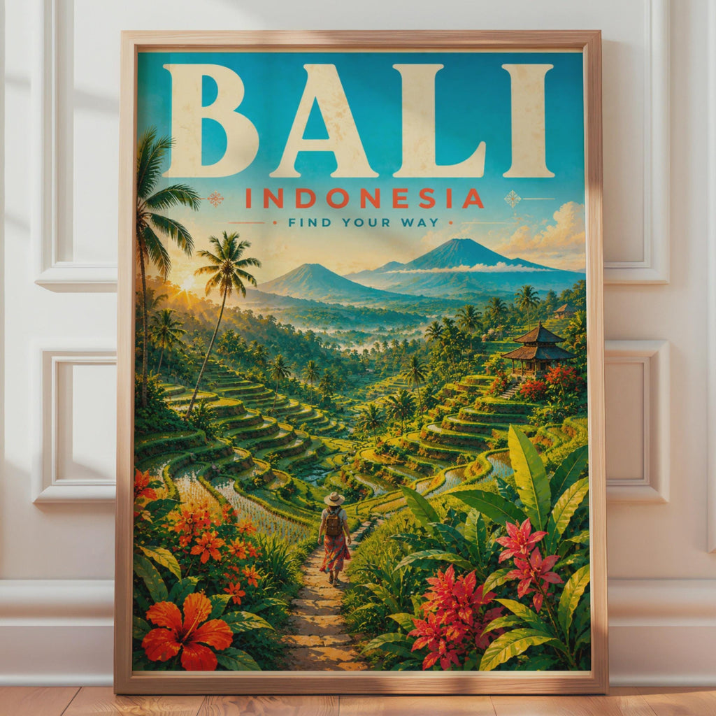 Bali Indonesia Travel Poster, Rice Terraces, Tropical Landscape Art (Print)