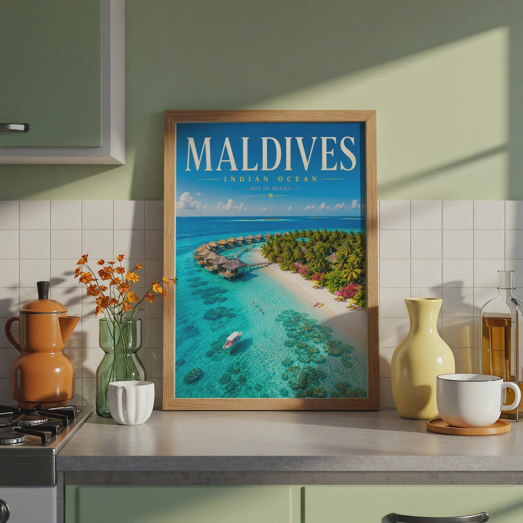 Maldives Travel Poster, Indian Ocean Tropical Island Print, Overwater Bungalow Decor