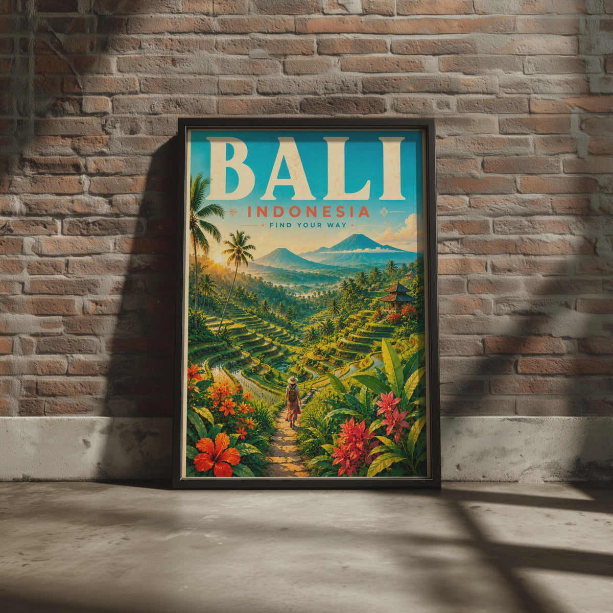 Bali Indonesia Travel Poster, Rice Terraces, Tropical Landscape Art (Print)