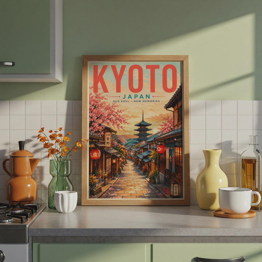 Kyoto Japan Travel Poster, Cherry Blossom Pagoda Street Art (Print)