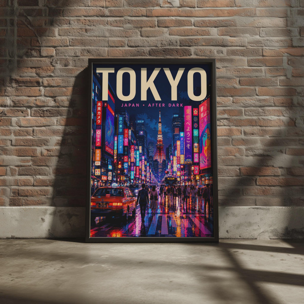 Tokyo Night Poster, Neon City, Tokyo Tower, Retro Travel Art (A4)