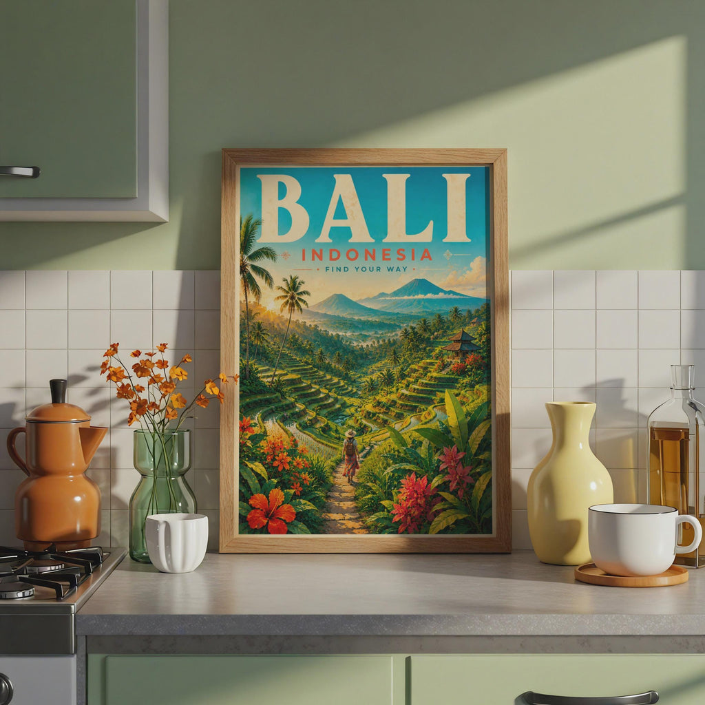 Bali Indonesia Travel Poster, Rice Terraces, Tropical Landscape Art (Print)