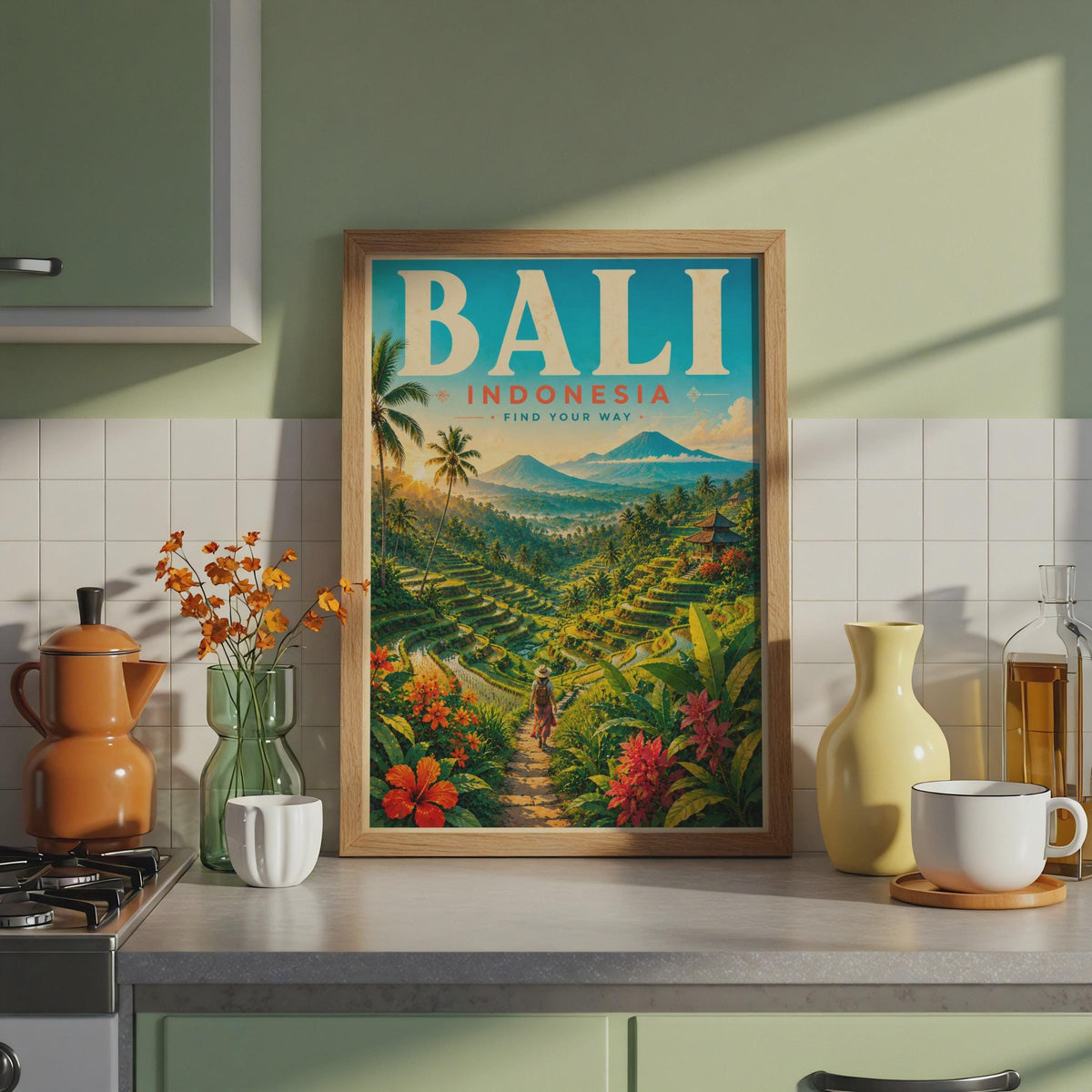 Bali Indonesia Travel Poster, Rice Terraces, Tropical Landscape Art (Print)