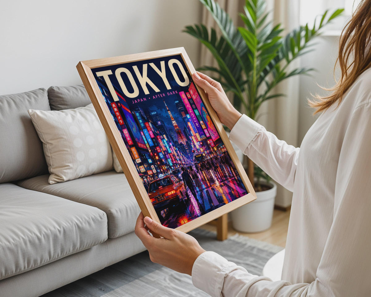 Tokyo Night Poster, Neon City, Tokyo Tower, Retro Travel Art (A4)