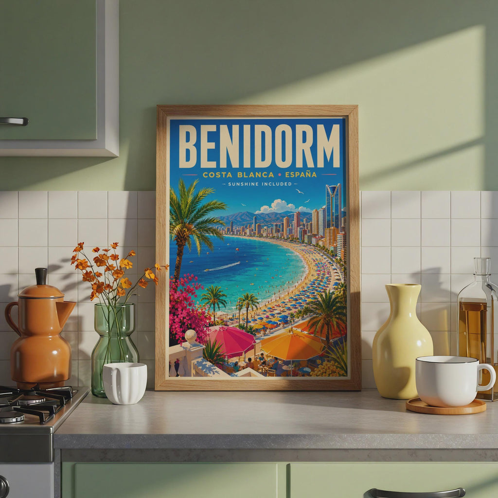 Benidorm Travel Poster, Costa Blanca Spain, Retro Beach Art Print