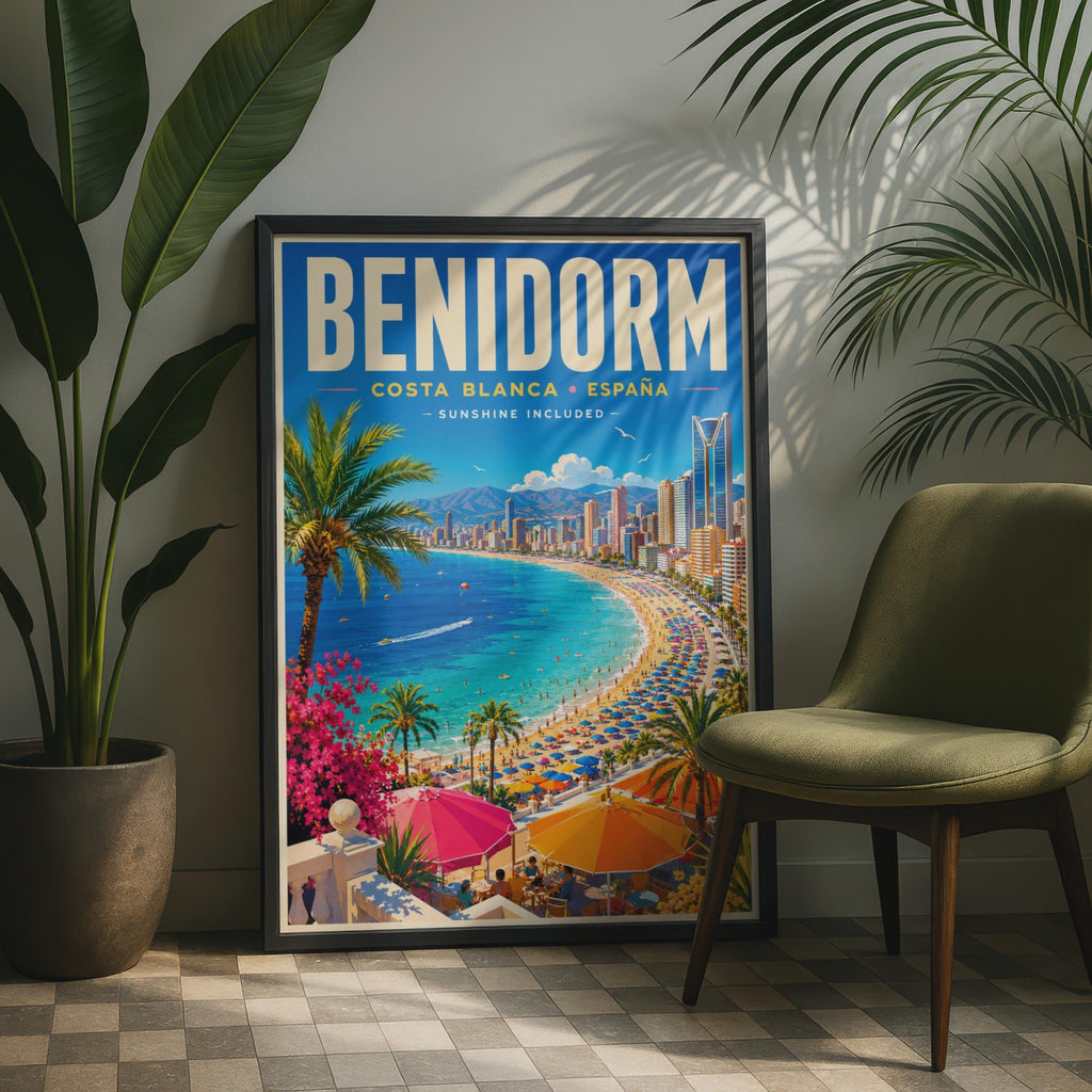 Benidorm Travel Poster, Costa Blanca Spain, Retro Beach Art Print