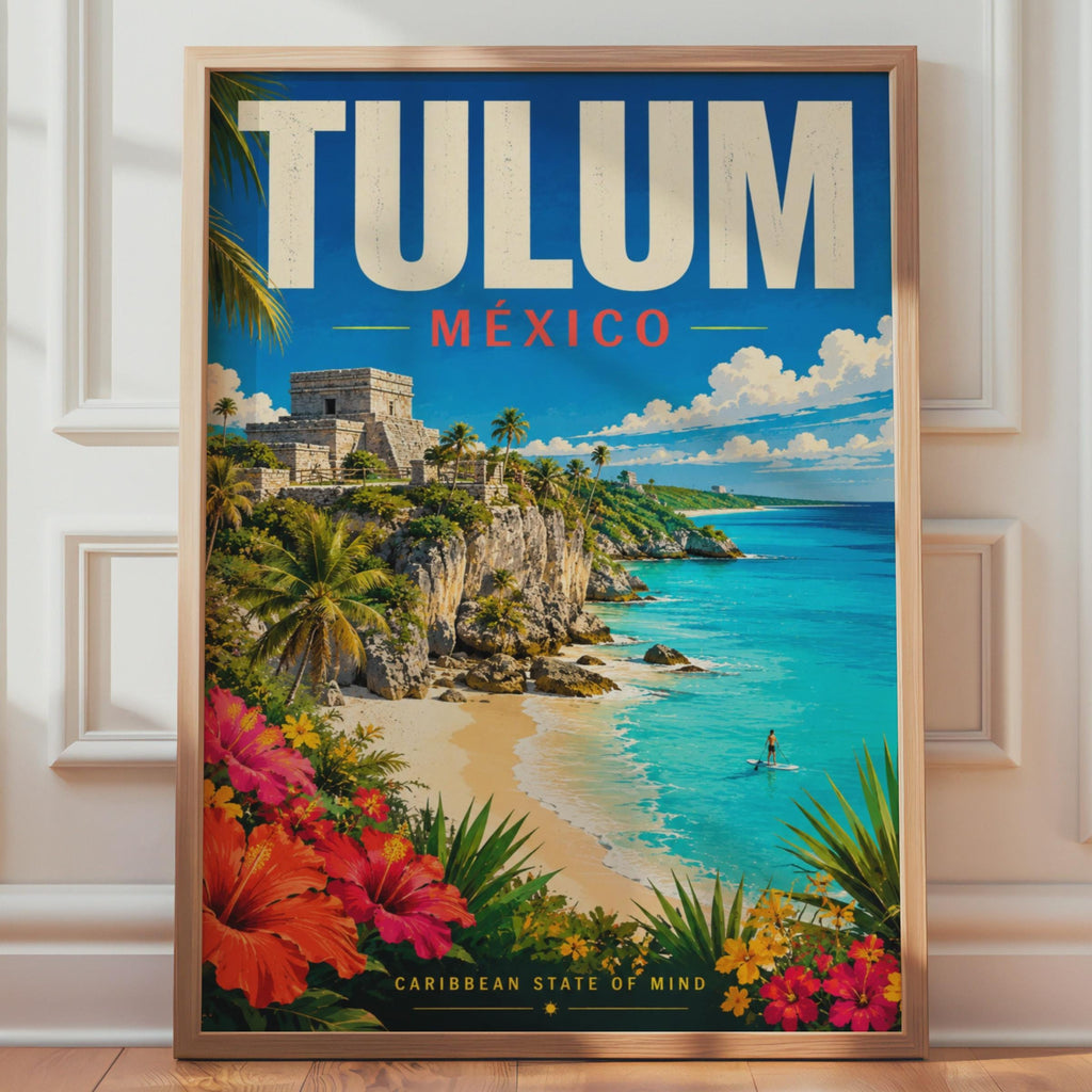Tulum Mexico Travel Poster, Mayan Ruins, Caribbean Beach Art (Print)