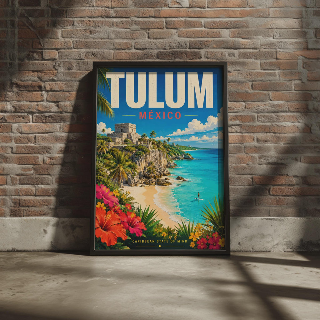 Tulum Mexico Travel Poster, Mayan Ruins, Caribbean Beach Art (Print)