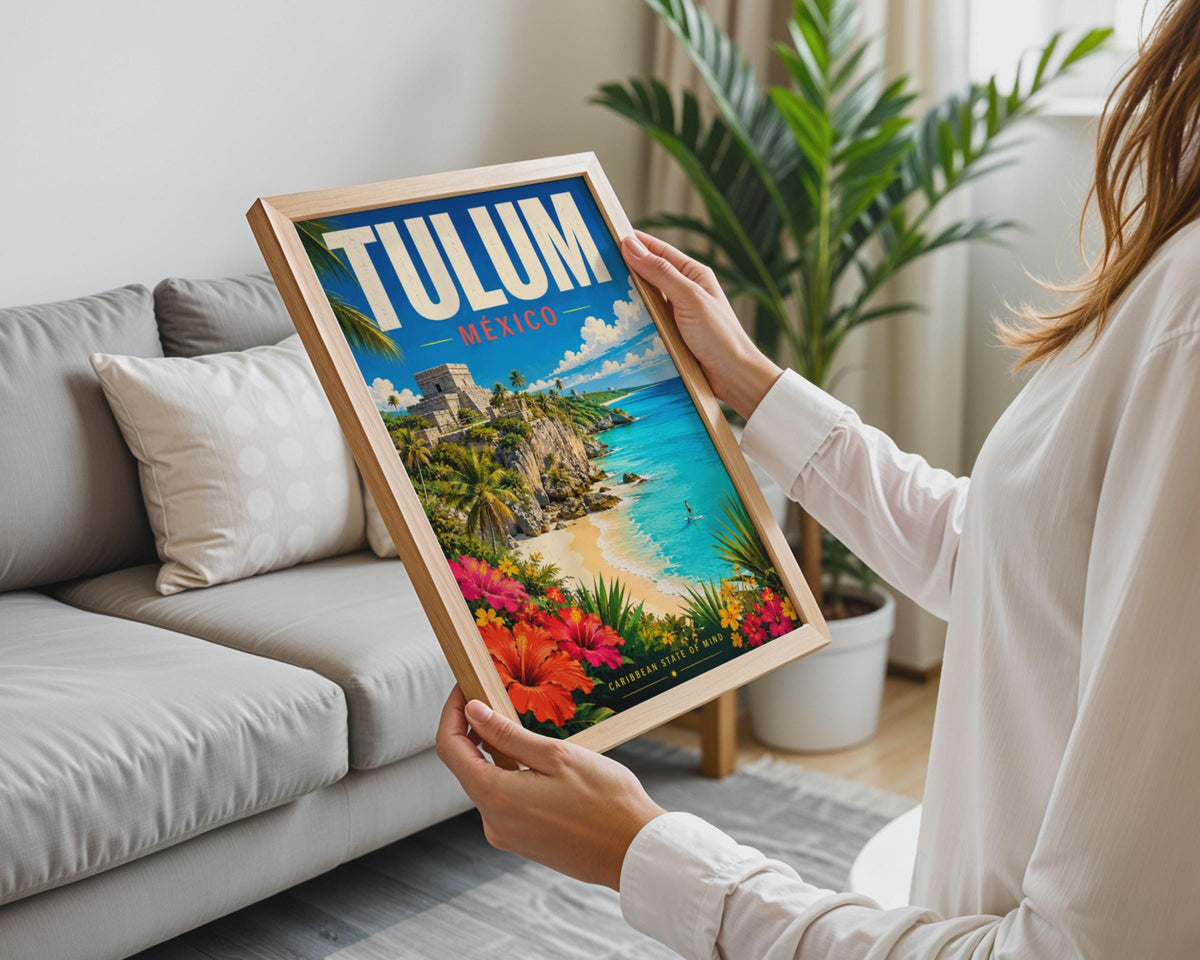 Tulum Mexico Travel Poster, Mayan Ruins, Caribbean Beach Art (Print)