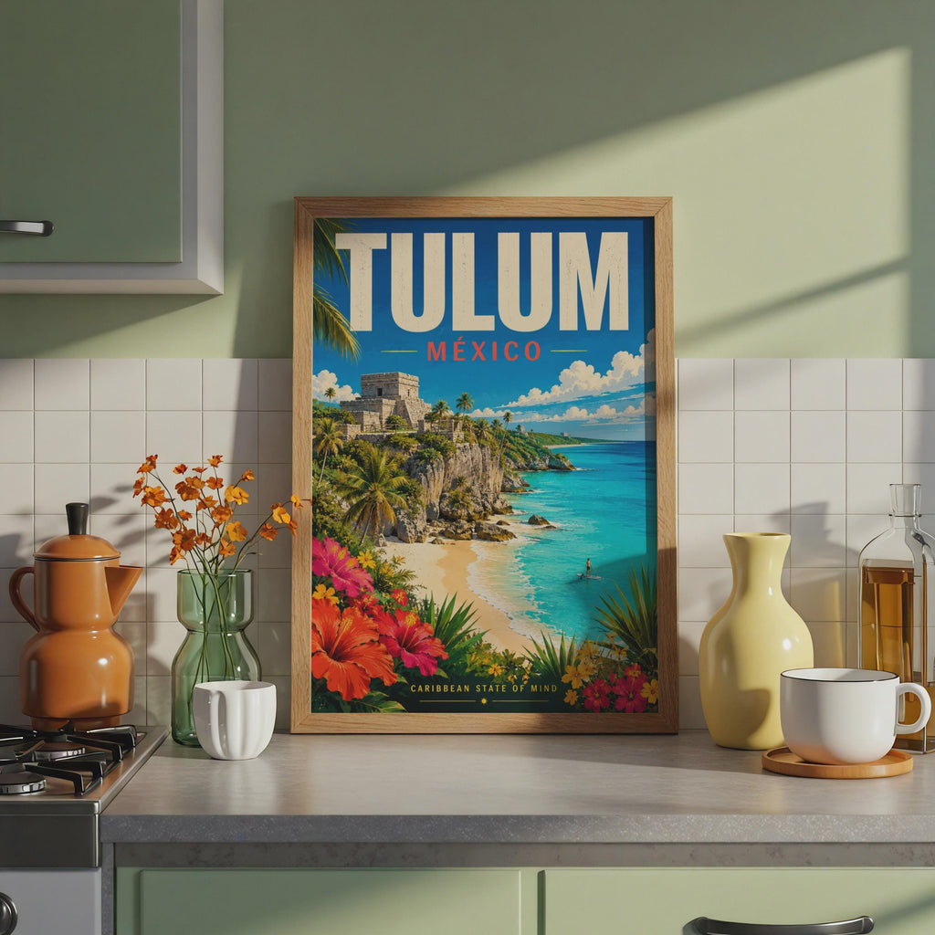 Tulum Mexico Travel Poster, Mayan Ruins, Caribbean Beach Art (Print)