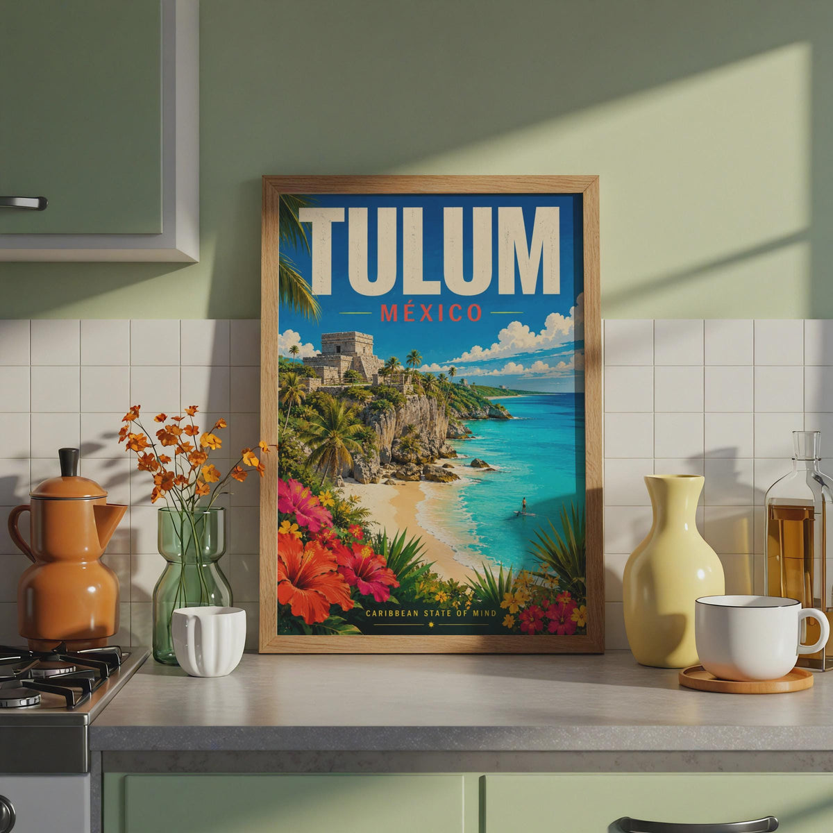 Tulum Mexico Travel Poster, Mayan Ruins, Caribbean Beach Art (Print)