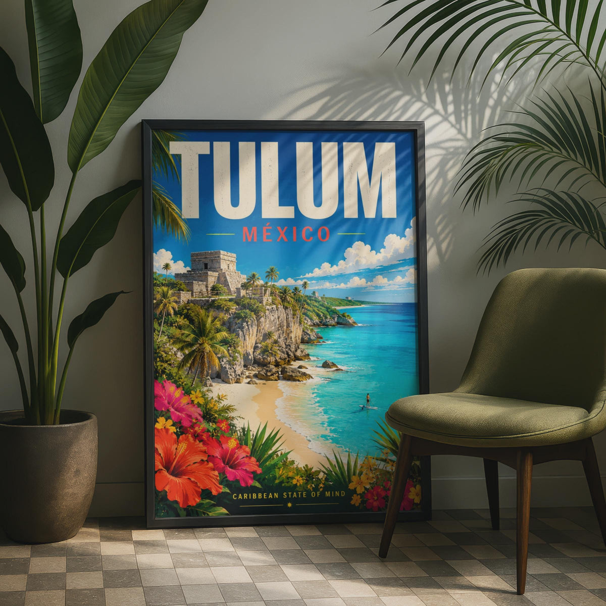 Tulum Mexico Travel Poster, Mayan Ruins, Caribbean Beach Art (Print)