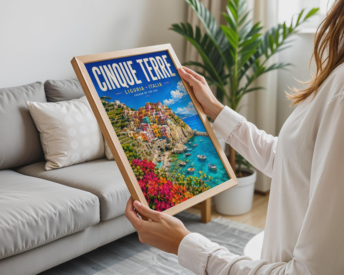 Cinque Terre Italy Travel Poster, Colorful Coastal Liguria Wall Art (Print)