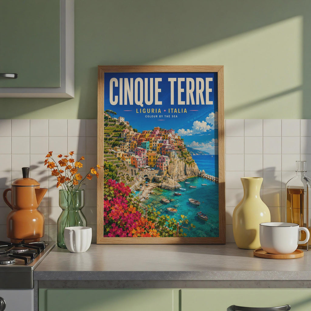 Cinque Terre Italy Travel Poster, Colorful Coastal Liguria Wall Art (Print)