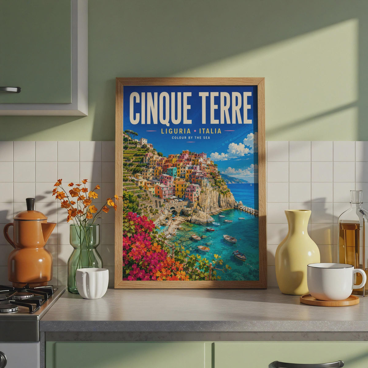 Cinque Terre Italy Travel Poster, Colorful Coastal Liguria Wall Art (Print)