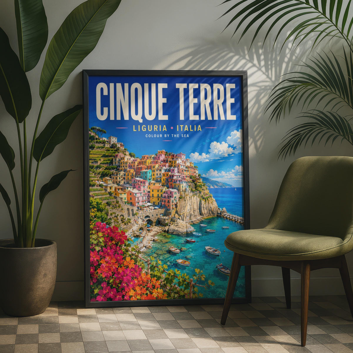 Cinque Terre Italy Travel Poster, Colorful Coastal Liguria Wall Art (Print)