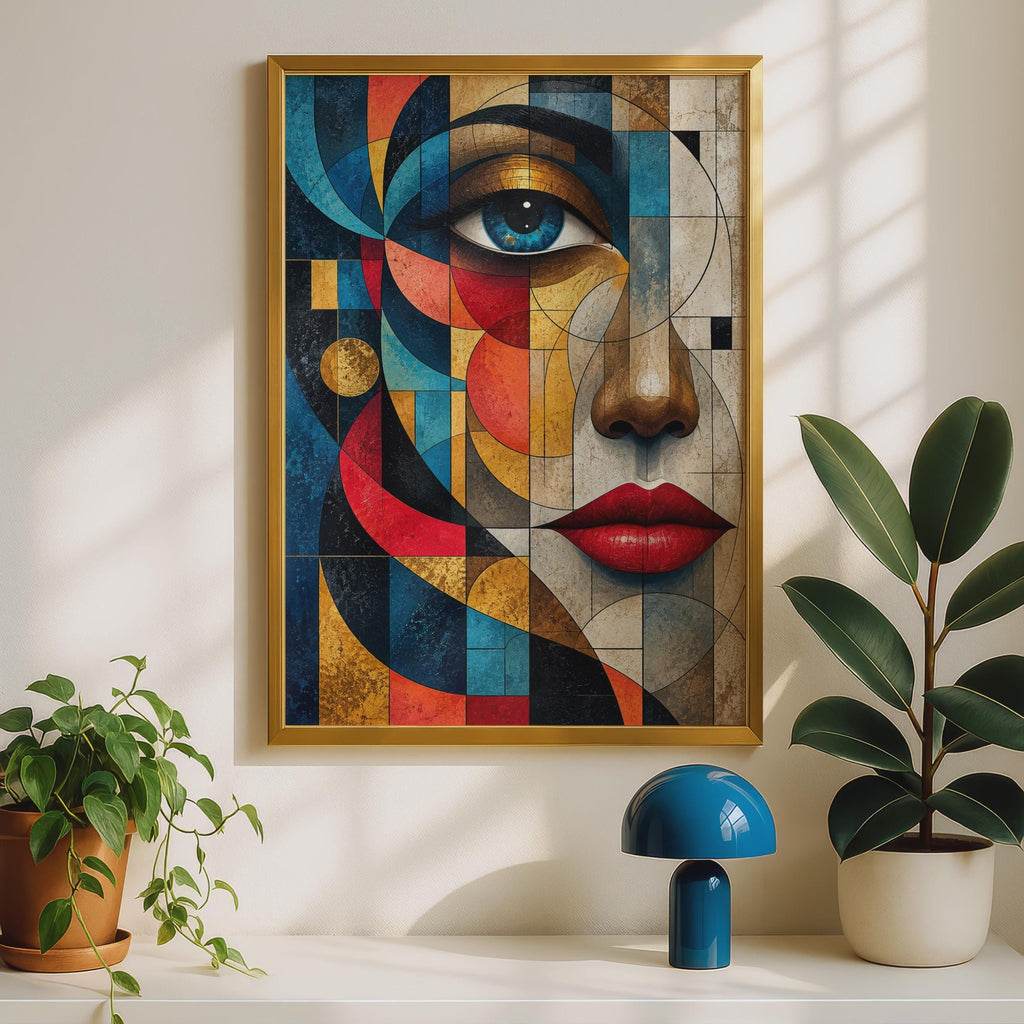 Cubist Woman Face Poster, Abstract Geometric Portrait, Bold Red Blue Gold Artwork (Print)