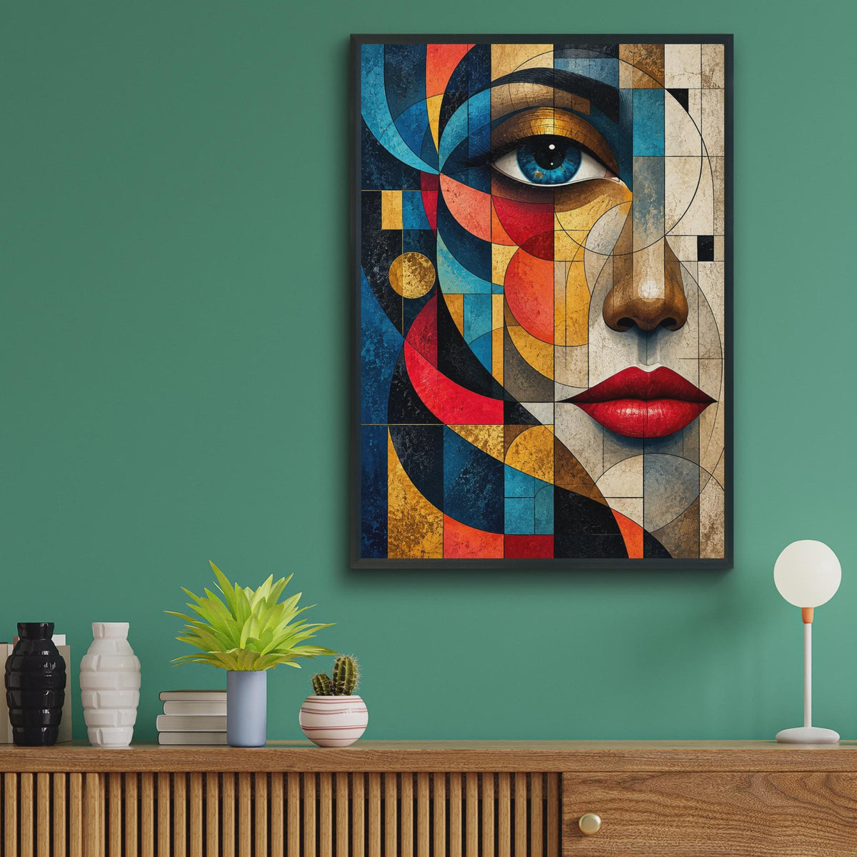 Cubist Woman Face Poster, Abstract Geometric Portrait, Bold Red Blue Gold Artwork (Print)