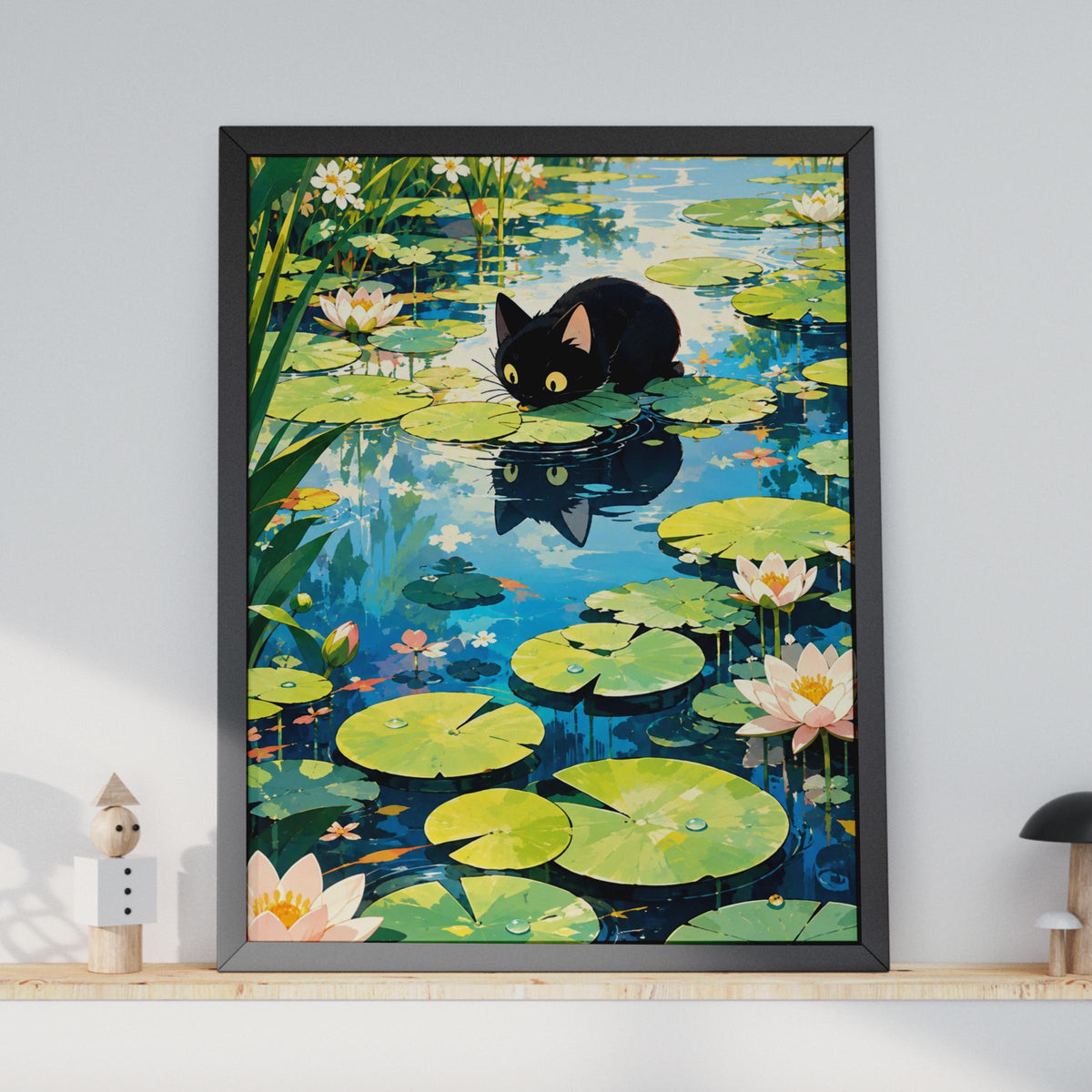 Anime Black Cat Lily Pond Poster, Curious Cat Botanical Wall Art (Print)