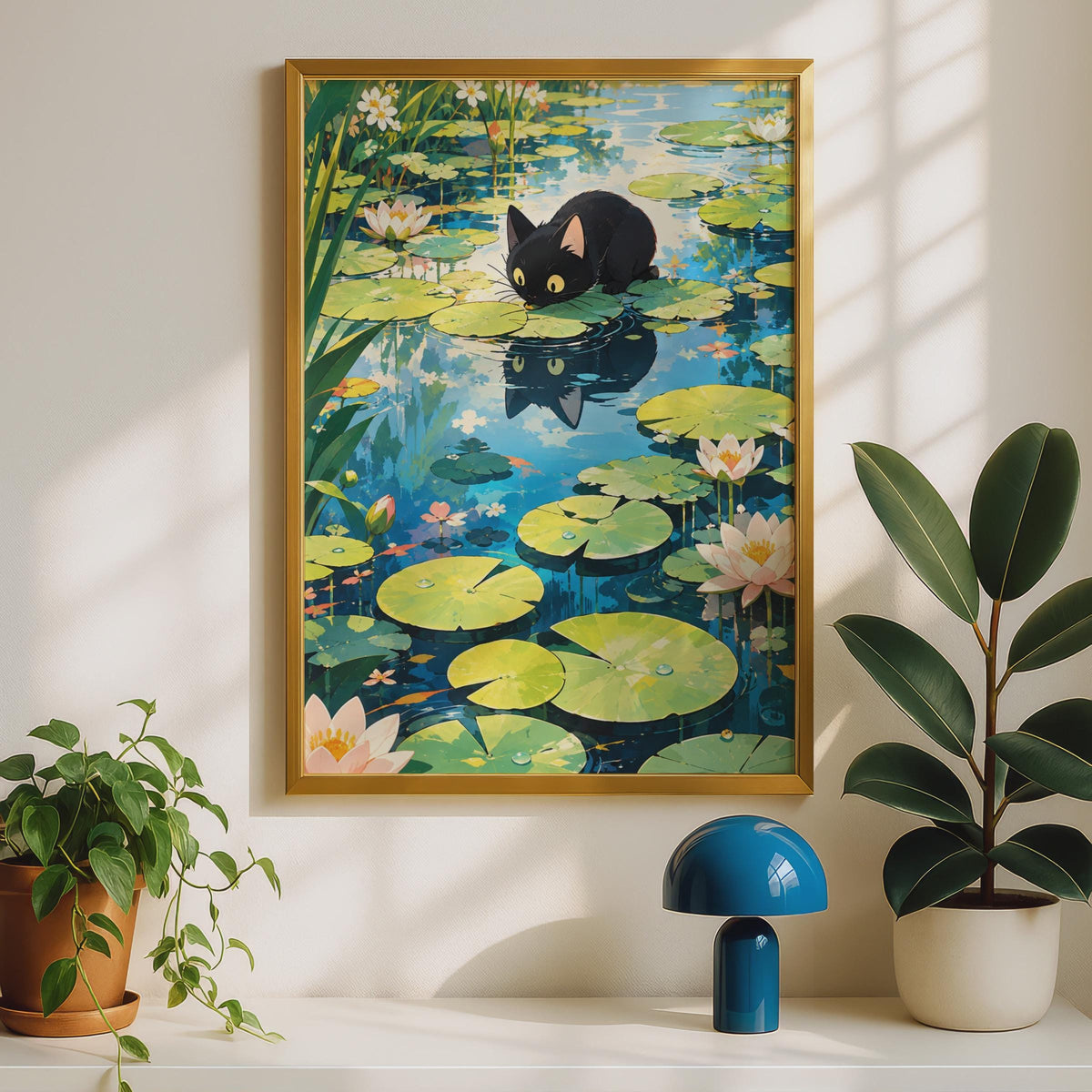 Anime Black Cat Lily Pond Poster, Curious Cat Botanical Wall Art (Print)