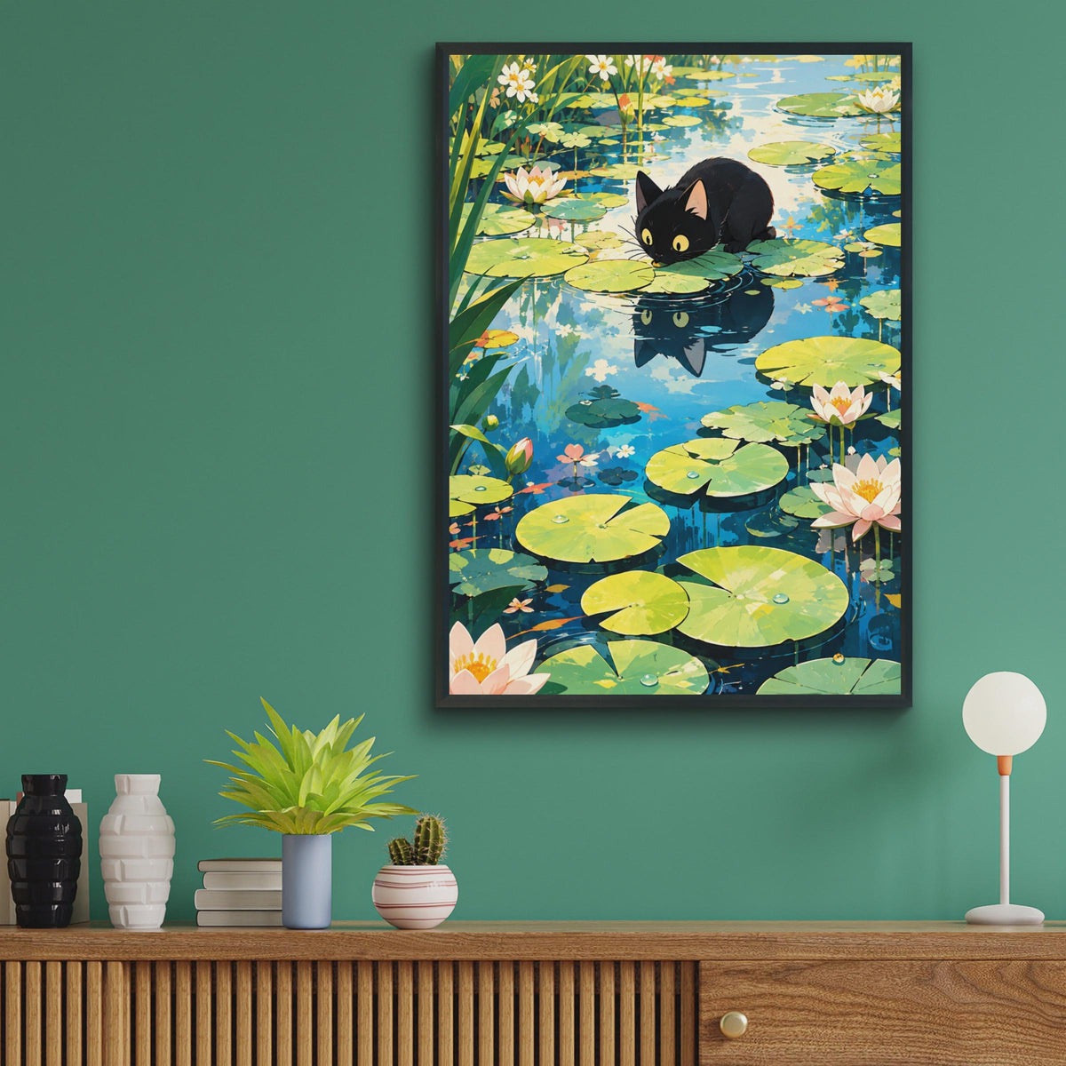 Anime Black Cat Lily Pond Poster, Curious Cat Botanical Wall Art (Print)