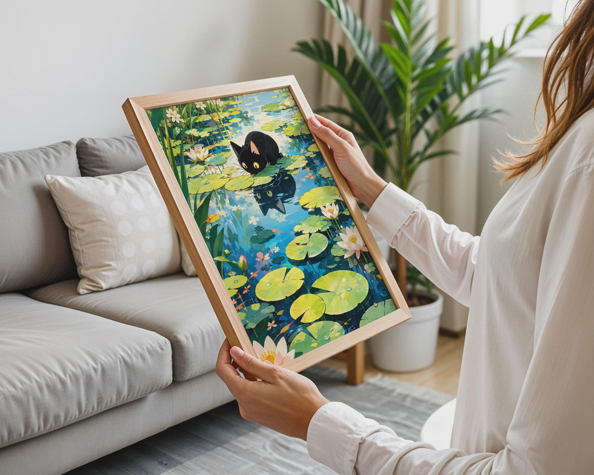 Anime Black Cat Lily Pond Poster, Curious Cat Botanical Wall Art (Print)
