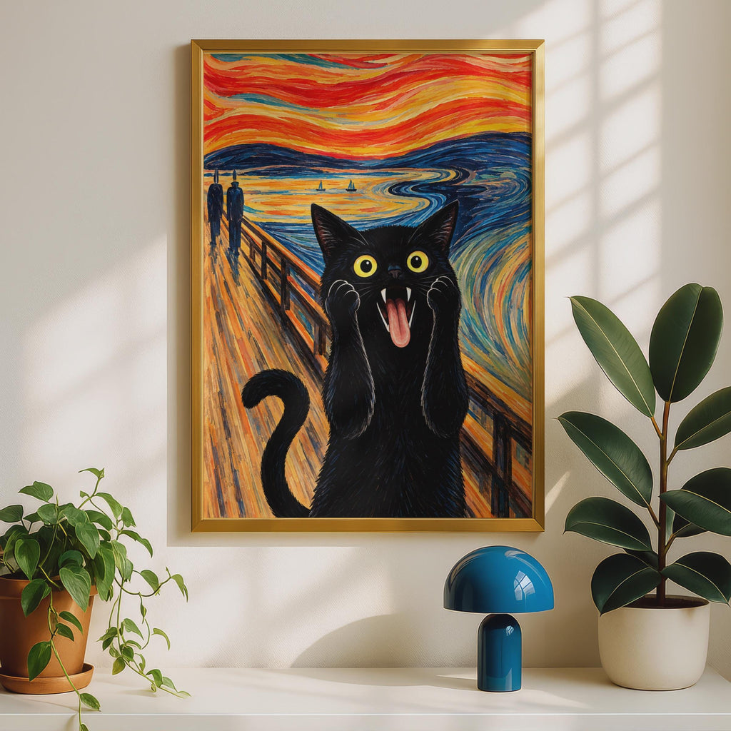 Black Cat Scream Parody Print, Munch Inspired Wall Art, Bold Colourful Home Decor