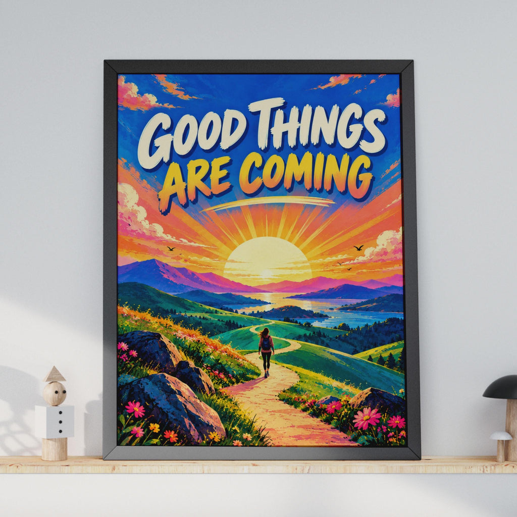 Good Things Are Coming Poster, Sunrise Hiking Landscape, Retro Inspirational Wall Art