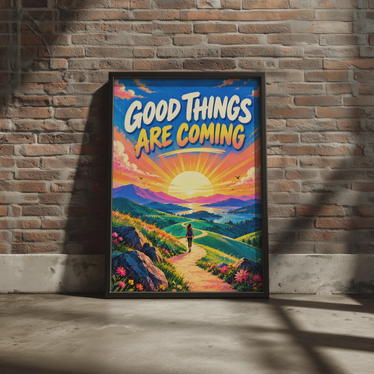 Good Things Are Coming Poster, Sunrise Hiking Landscape, Retro Inspirational Wall Art