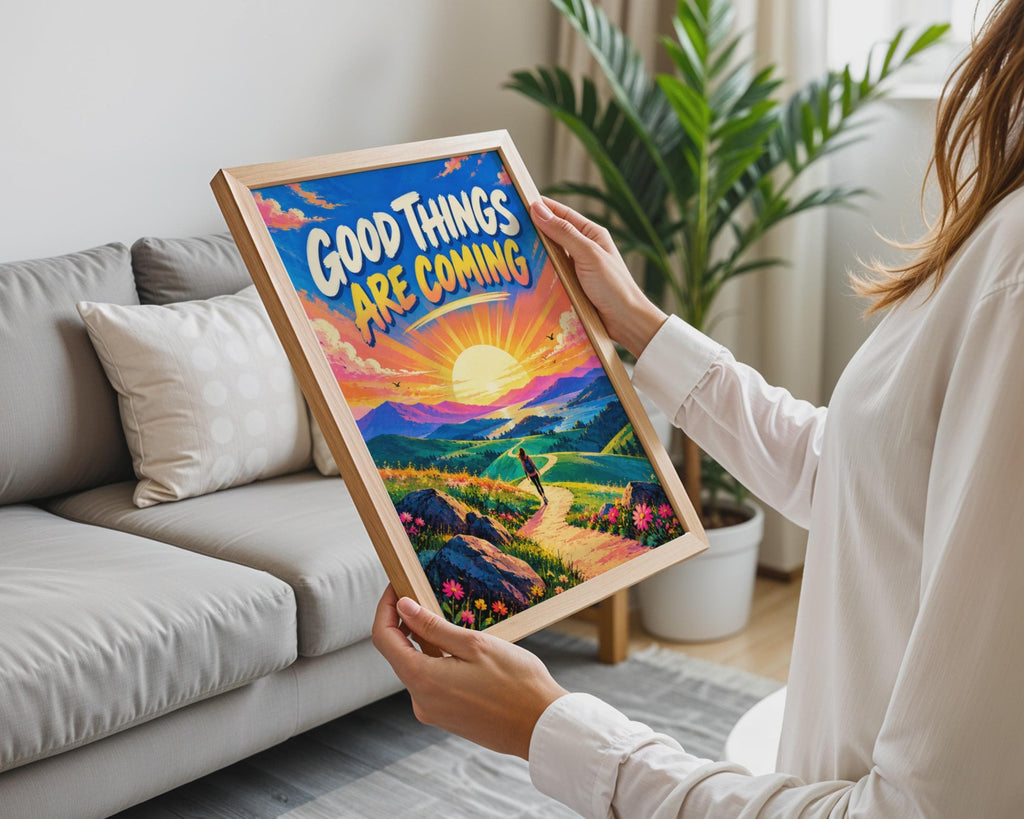 Good Things Are Coming Poster, Sunrise Hiking Landscape, Retro Inspirational Wall Art