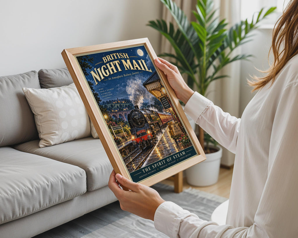 British Night Mail Steam Train Poster, Vintage Railway Print, Heritage Locomotive Wall Art