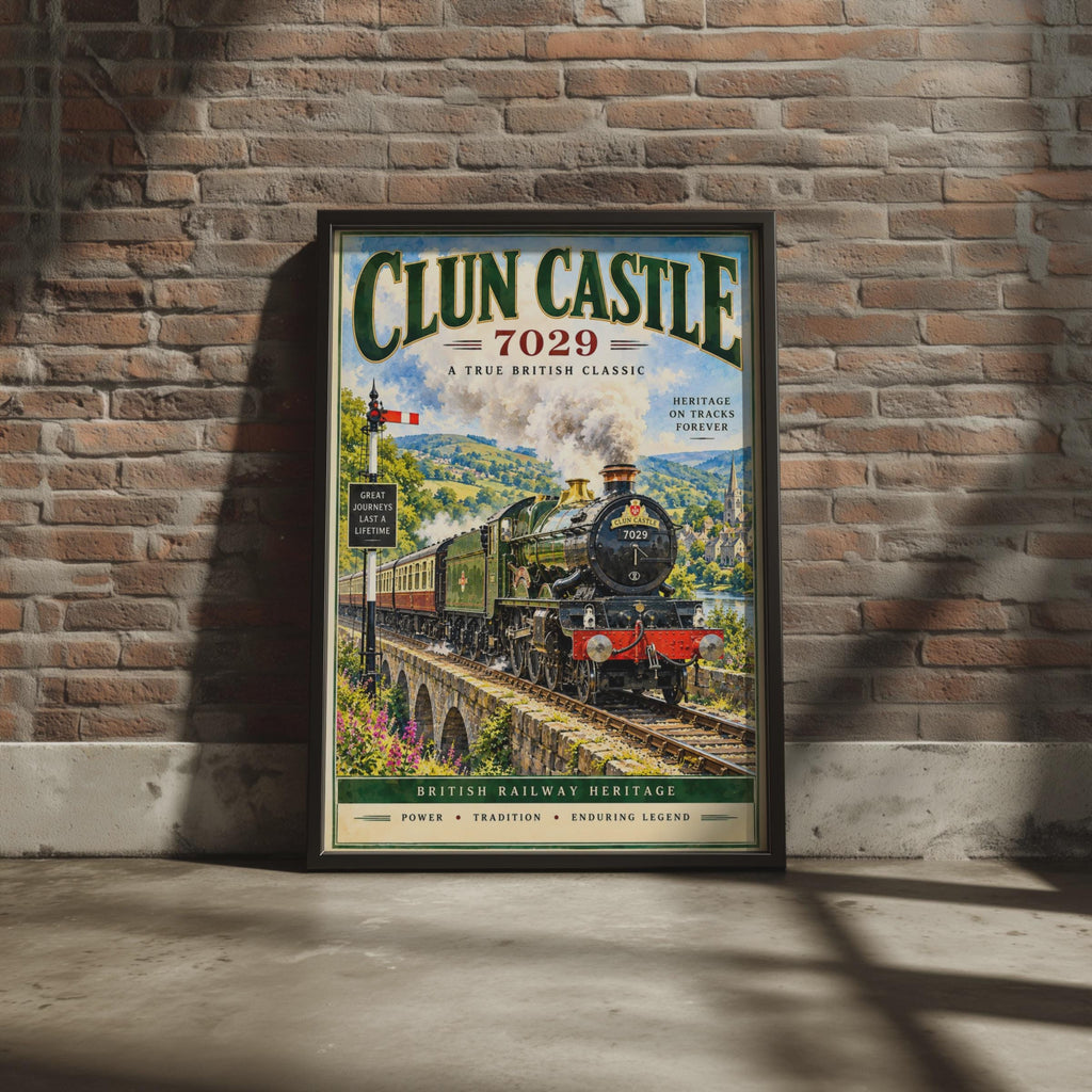 Clun Castle 7029 Steam Train Poster, GWR Locomotive Wall Art (Physical Print)
