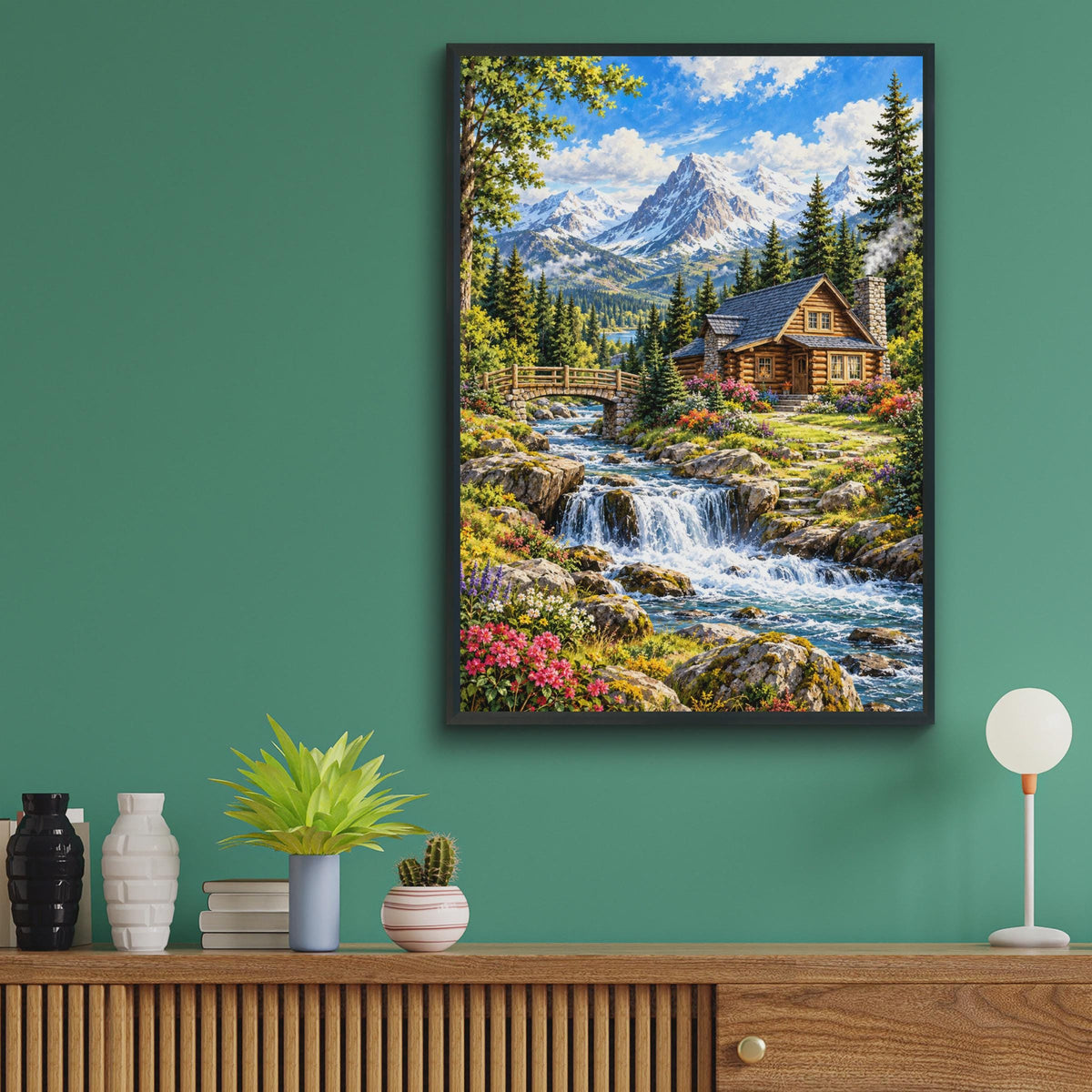 Log Cabin Waterfall Landscape Print, Snowy Peaks Nature Wall Art (240gsm Matte)