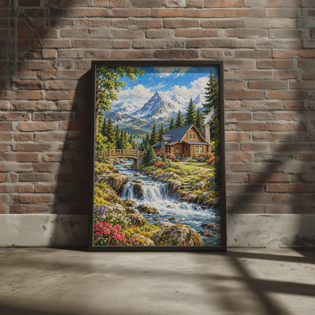 Log Cabin Waterfall Landscape Print, Snowy Peaks Nature Wall Art (240gsm Matte)