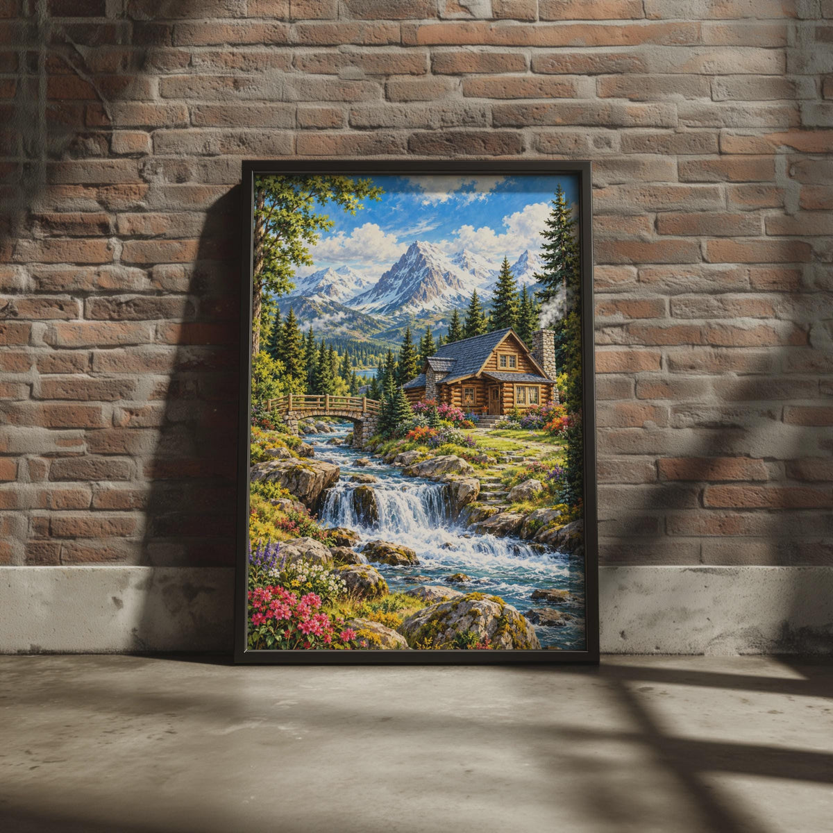 Log Cabin Waterfall Landscape Print, Snowy Peaks Nature Wall Art (240gsm Matte)
