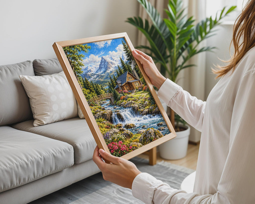 Log Cabin Waterfall Landscape Print, Snowy Peaks Nature Wall Art (240gsm Matte)