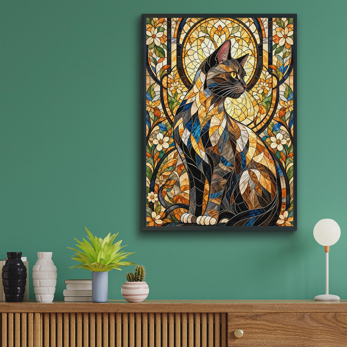 Stained Glass Cat Poster, Floral Mosaic Cat Wall Art Print, Tiffany Style Tabby Cat, Colourful Cat Lover Gift, Living Room Animal Decor