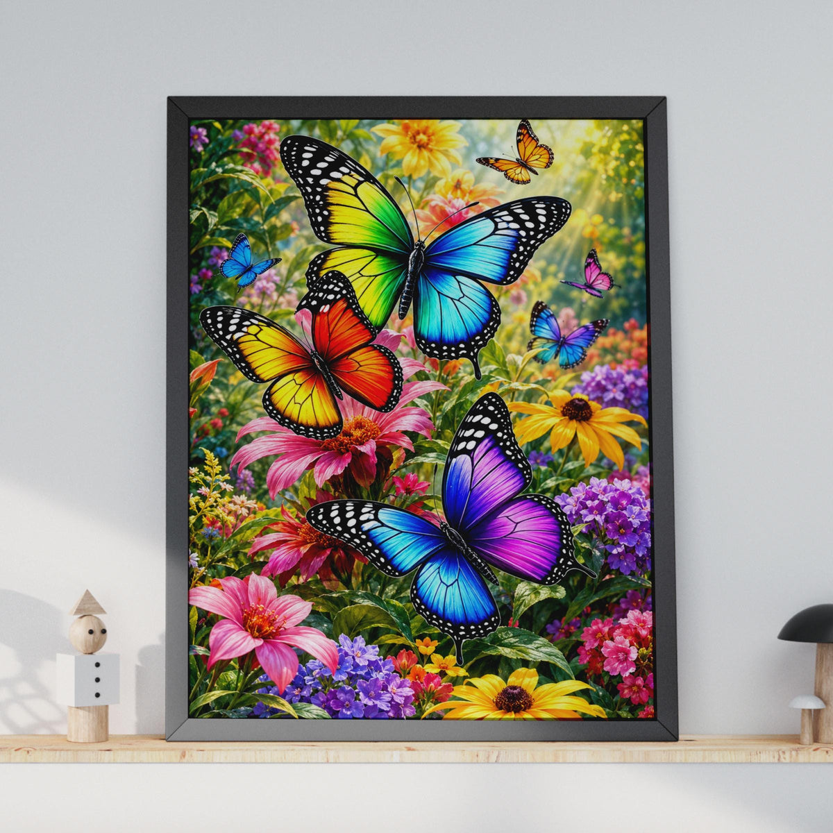 Rainbow Butterfly Garden Print, Vibrant Floral Wall Art, Nature Lover Gift