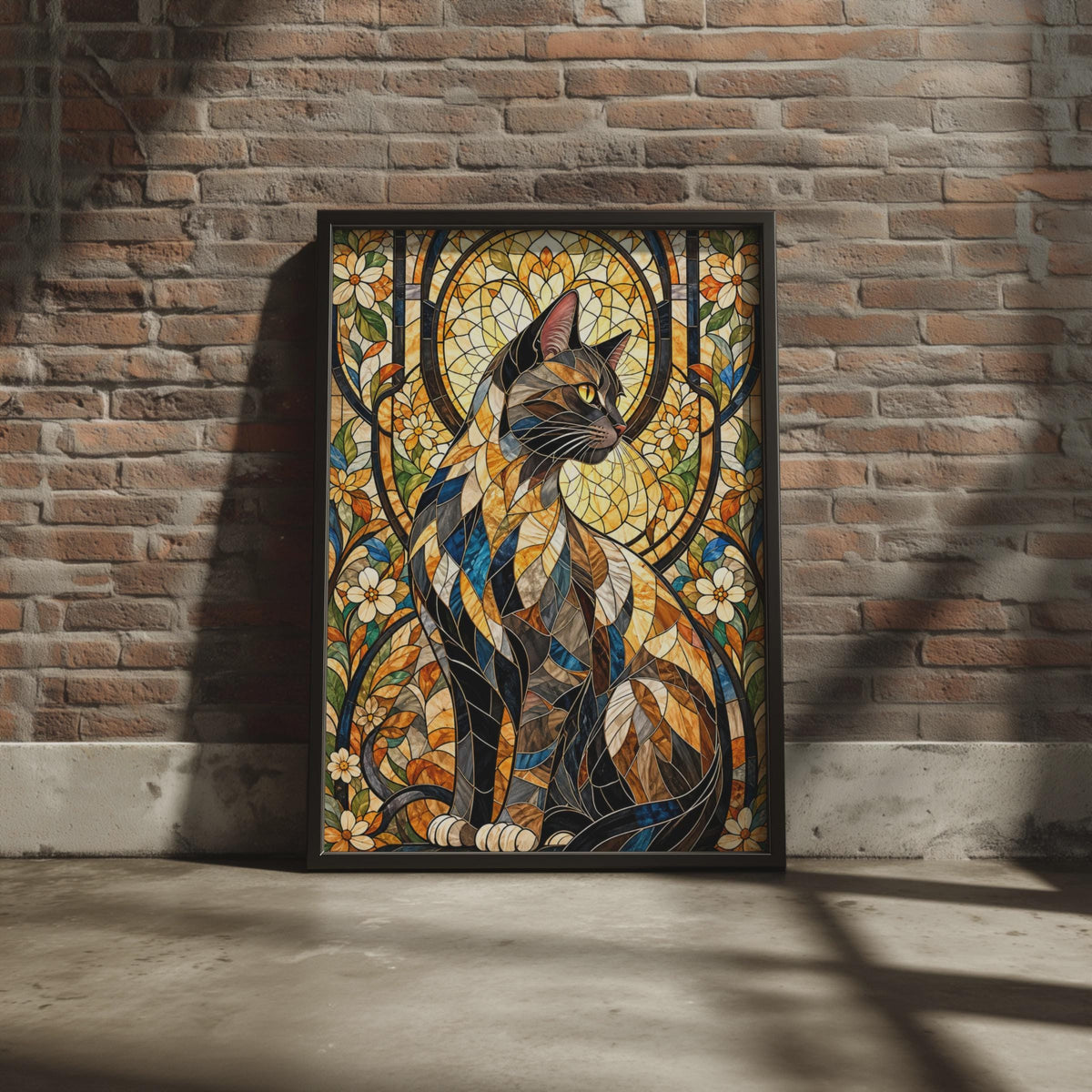 Stained Glass Cat Poster, Floral Mosaic Cat Wall Art Print, Tiffany Style Tabby Cat, Colourful Cat Lover Gift, Living Room Animal Decor