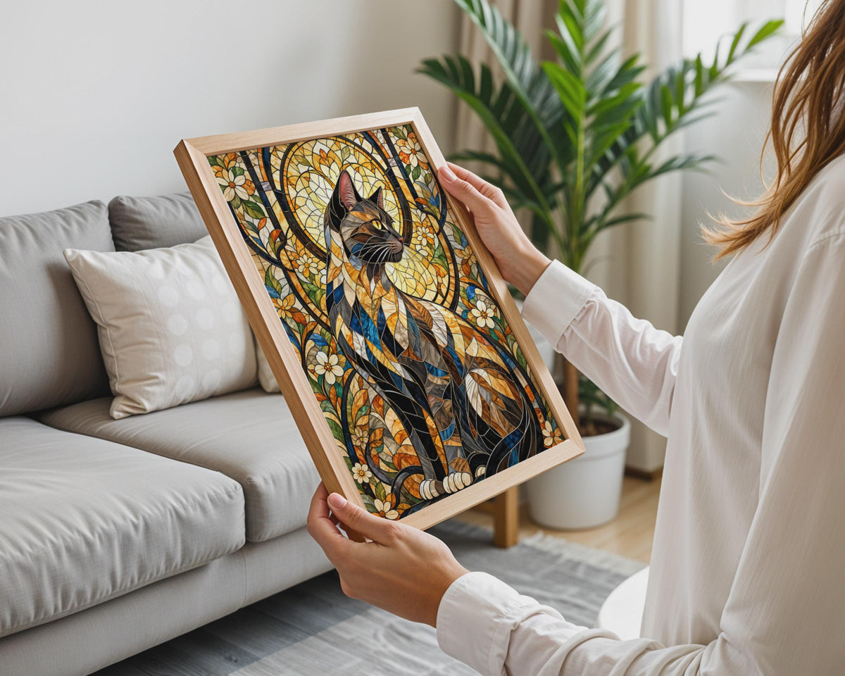 Stained Glass Cat Poster, Floral Mosaic Cat Wall Art Print, Tiffany Style Tabby Cat, Colourful Cat Lover Gift, Living Room Animal Decor