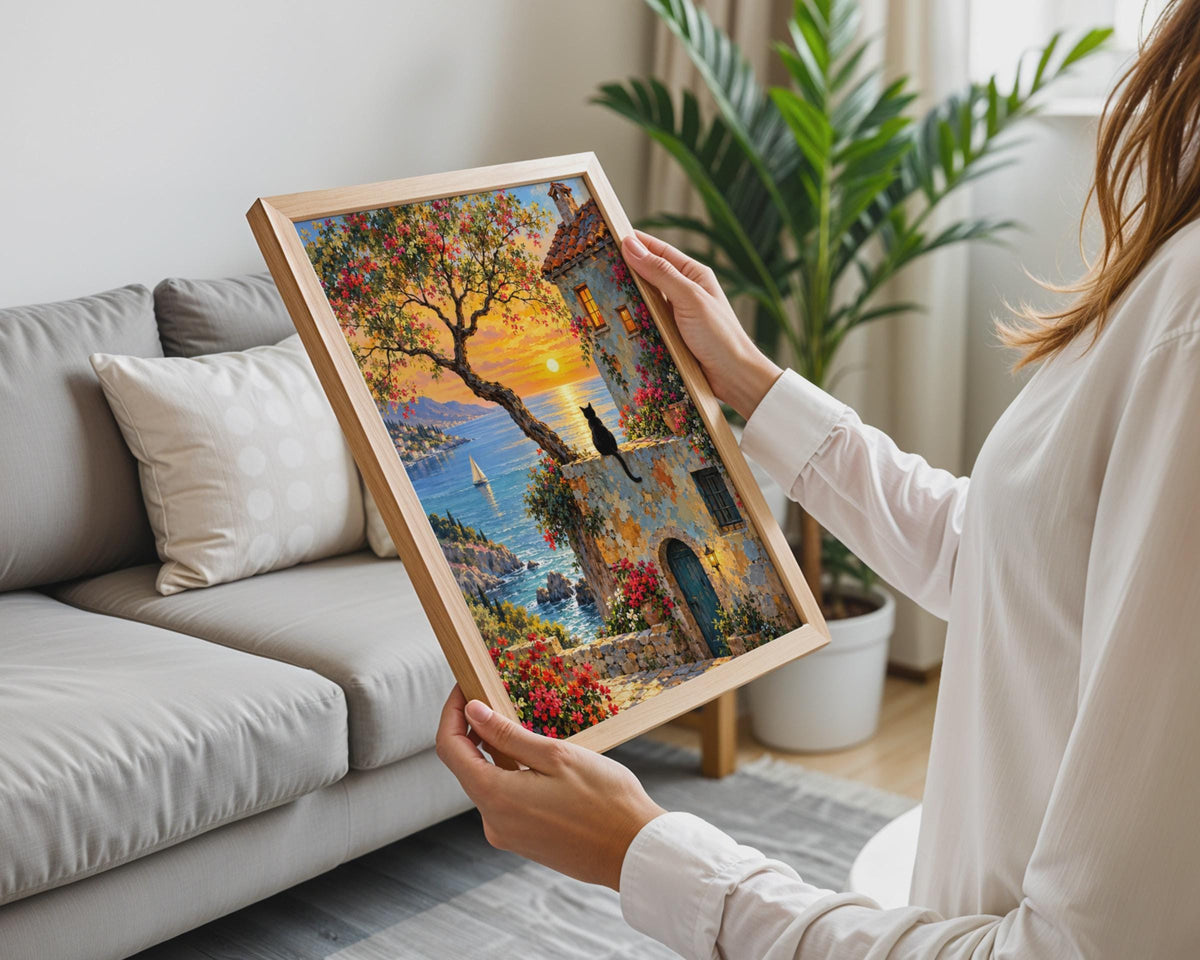 Black Cat Mediterranean Sunset Print, Coastal Bougainvillea Villa Wall Art (Poster)