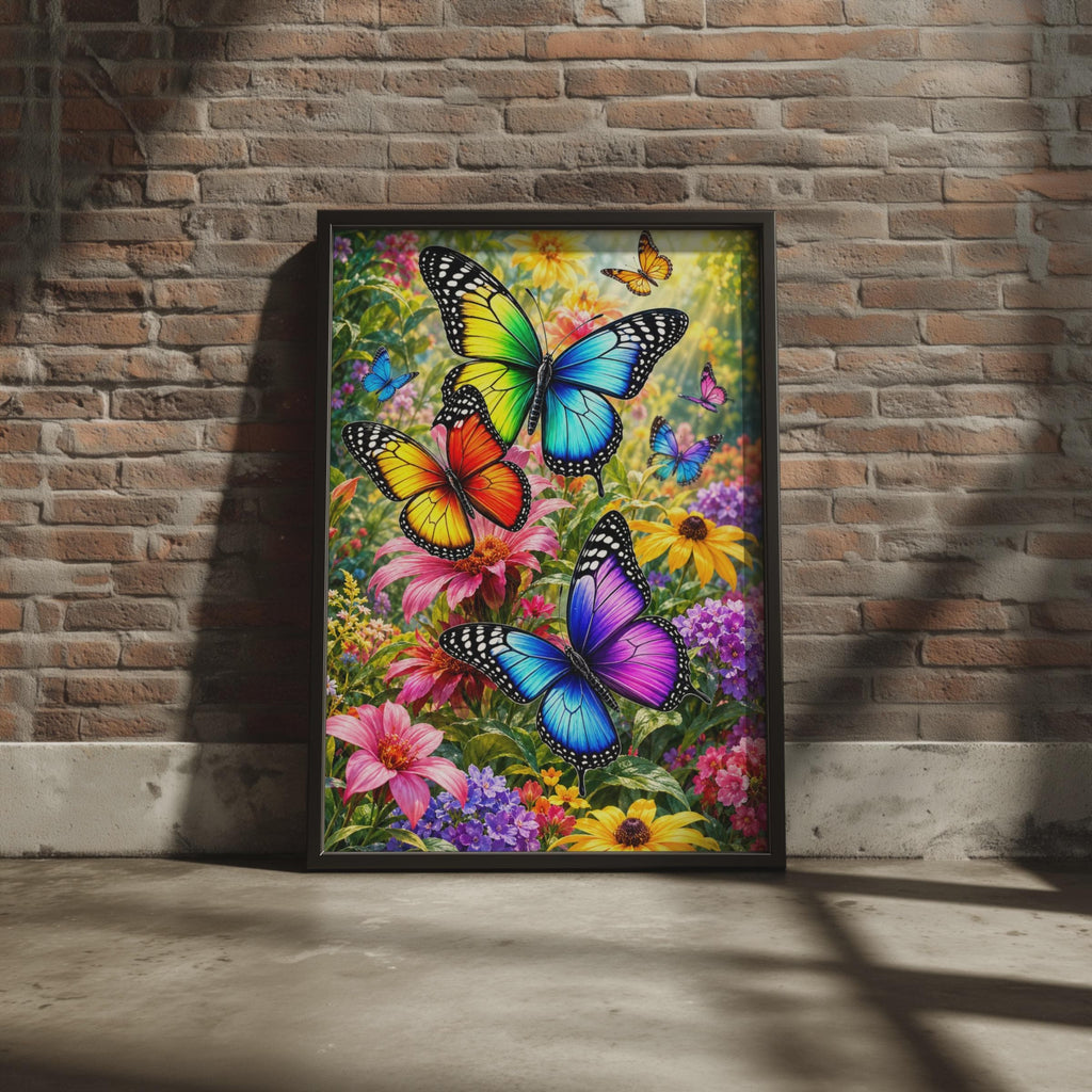 Rainbow Butterfly Garden Print, Vibrant Floral Wall Art, Nature Lover Gift