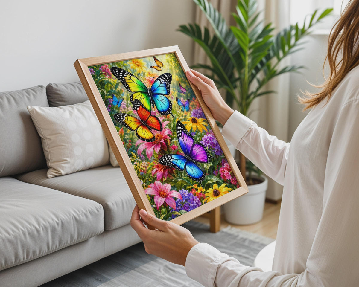 Rainbow Butterfly Garden Print, Vibrant Floral Wall Art, Nature Lover Gift