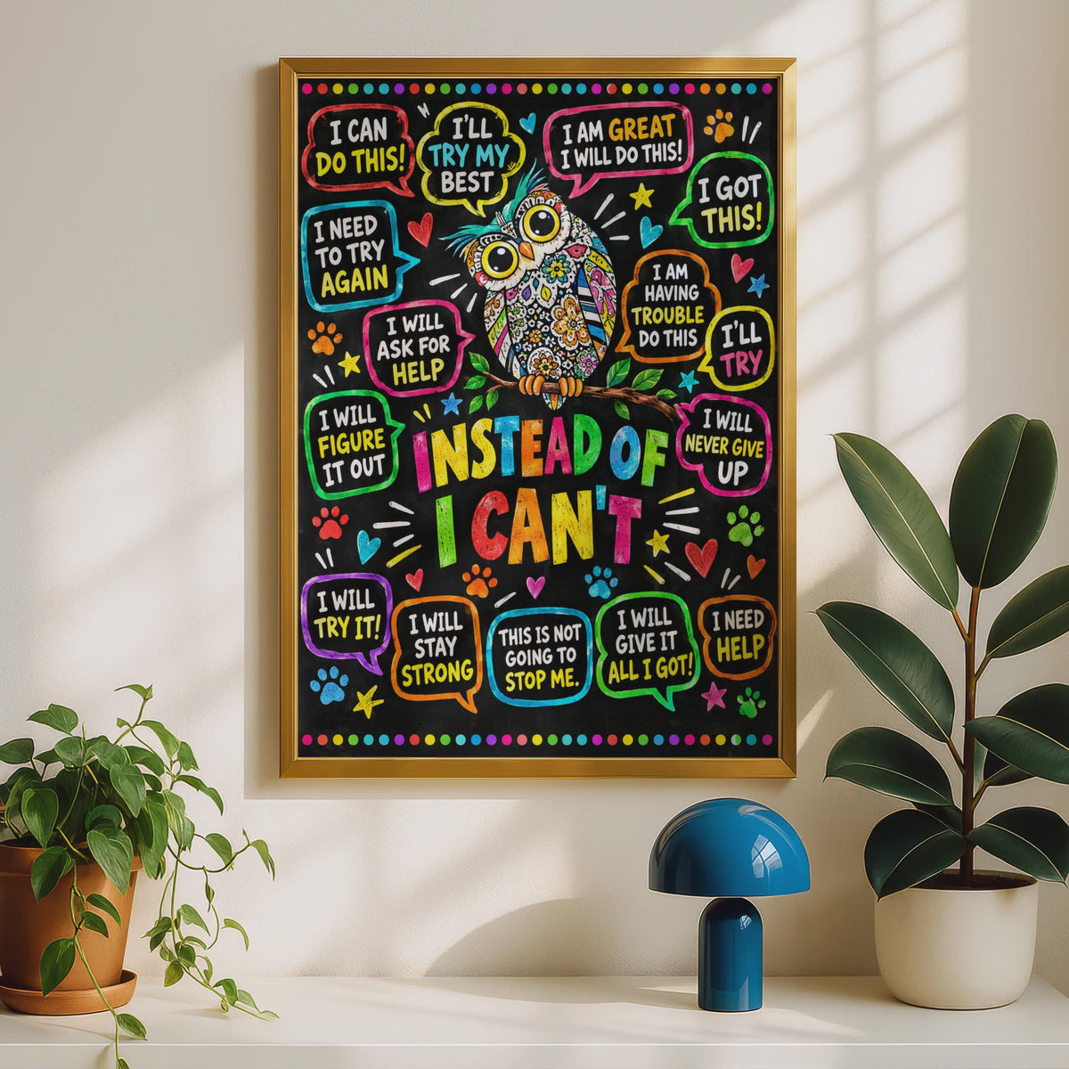 Instead of I Can't Owl Poster, Growth Mindset Classroom Wall Art (Physical Print)
