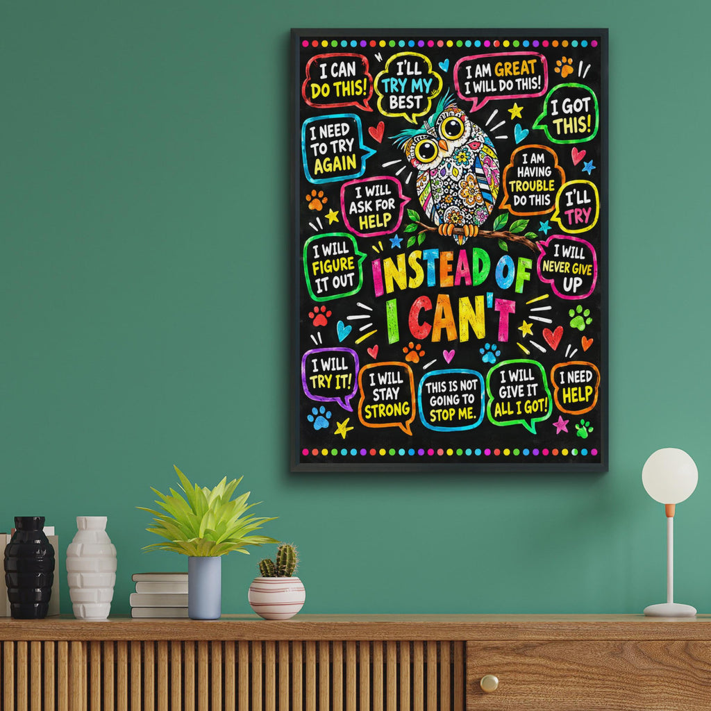 Instead of I Can't Owl Poster, Growth Mindset Classroom Wall Art (Physical Print)