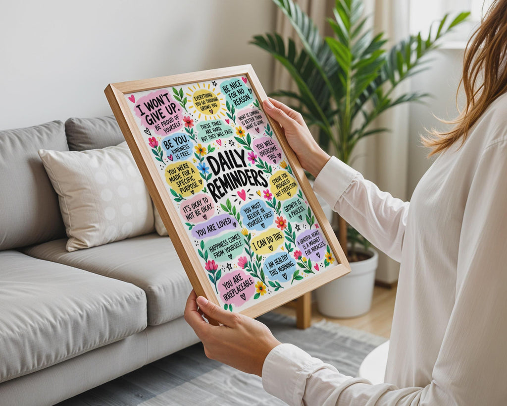 Daily Reminders Motivational Poster, Affirmations Wall Art, Mental Health Decor (Printed)